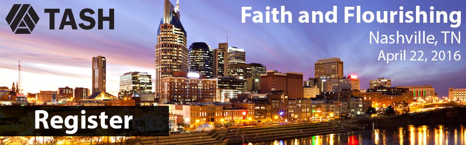 Promotional image for the TASH Nashville Faith and Flourishing Conference, the Nashville riverfront and skyline at dusk. The buildings are lit and their lights are reflected in the river.