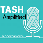 The TASH Amplified logo: a line illustration of a desktop microphone with the TASH Möbius strip inlayed