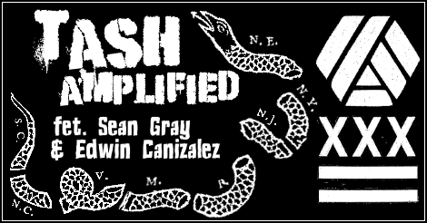 A version of the TASH Amplified banner made to look like a white-on-black punk show flyer. The lettering looks like sloppily stenciled spray paint. A version of the "Join or Die" snake from the American Revolution is partly wrapped around the logo. The TASH Möbius strip and a hardcore version of the District of Columbia flag are stacked in the right-hand column.
