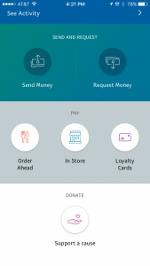 PayPal mobile app home screen