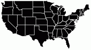 A black state map of the United States. The states are all in black with white lines separating them.