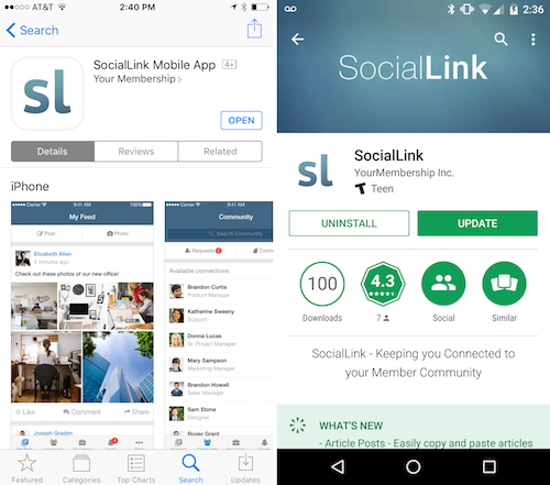 Two side-by-side screen grabs of the pages for the SocialLink app in the iTunes and Google Play stores.
