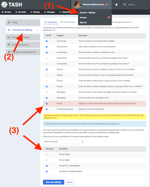 A screen capture of the Information & Settings page in SocialLink, annotated with arrows showing the sequence of menus to change your e-mail options.