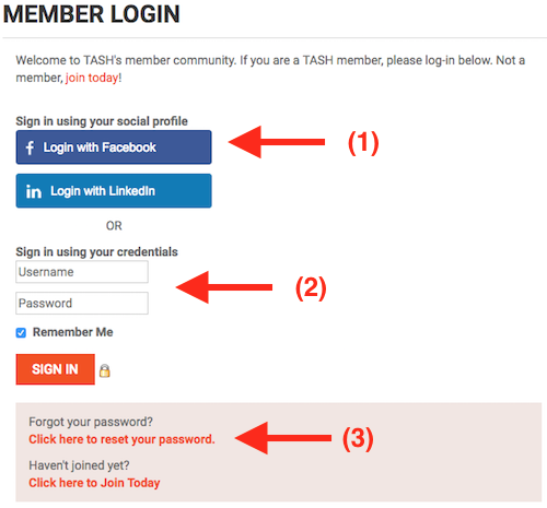 A screen capture of the tash.org Member Login page.