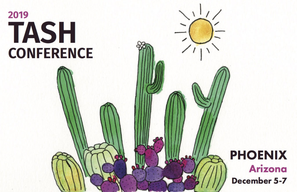The 2019 TASH Conference logo: a simple, colorful illustration of a grove of cacti with a shiny sun in the corner.
