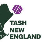 The logo of the New England TASH Chapter: a graphic of the New England states in dark green with the TASH Mobius strip in purple.