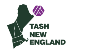 The logo of the New England TASH Chapter: a graphic of the New England states in dark green with the TASH Mobius strip in purple.