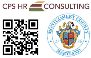 A collage of three items: the CPS HR Consulting logo, The Montgomery County seal and a QR code