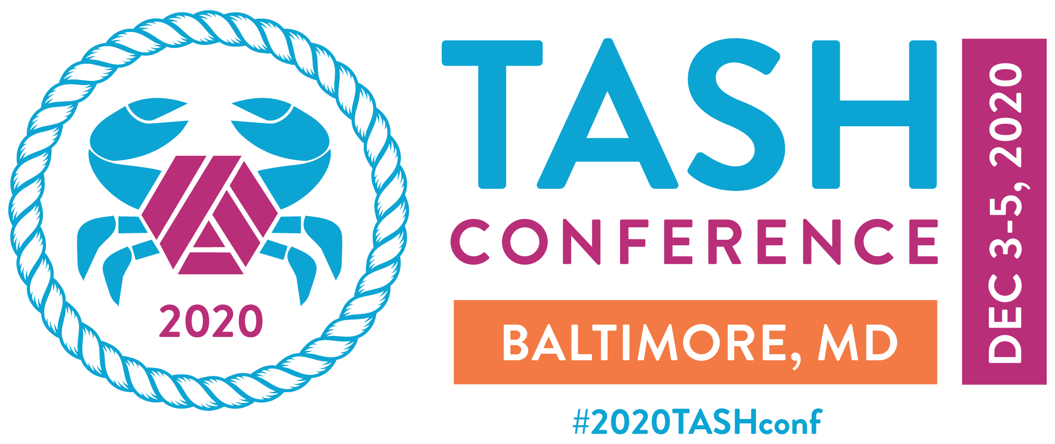 The Baltimore 2020 TASH Conference logo: an illustration of a crab with blue pinchers and legs sprouting from a purple version to the TASH Möbius strip.