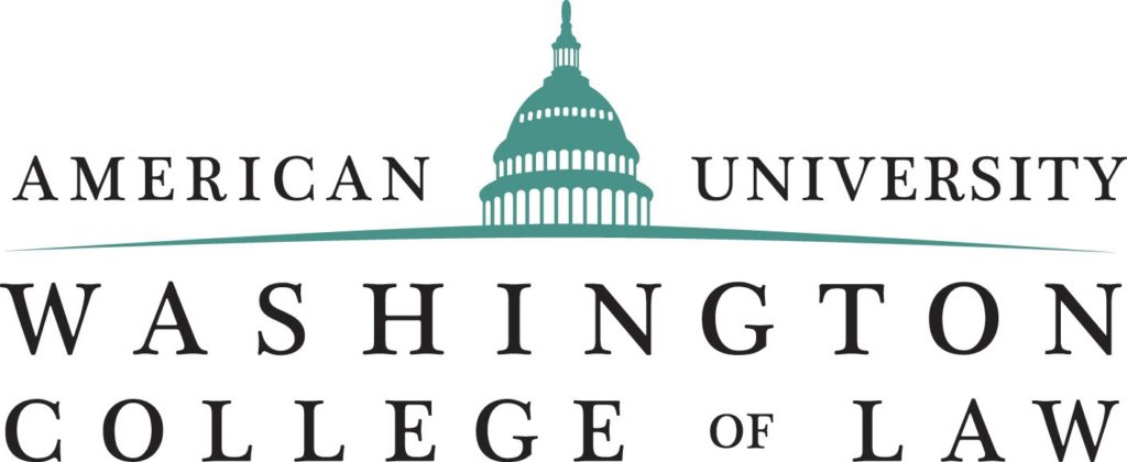 The logo of the American University Washington College of Law. There is an aqua illustration of the dome of the Capitol building amidst the lettering.