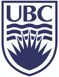 The logo of the University of British Columbia. A shield in navy blue with a sunburst emerging from the bottom point waives and the letters UBC  in the field.