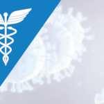 The medical caduceus symbol with the snakes coiled around a staff in a blue slash over a pale, faded rendering of the coronavirus, a lumpy sphere covered with receptors.