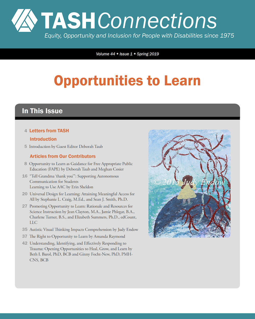 The cover of TASH Connections, volume 44, number 1, on Opportunities to Learn. The table of contents and a chalk drawing of a girl in a yellow dress, ankle-deep in a puddle.