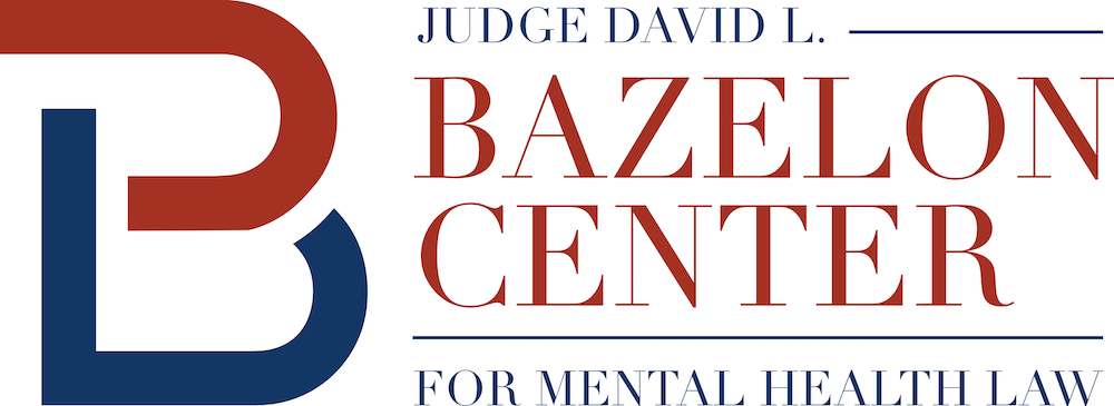The Judge David L. Bazelon Center for Mental Health Law logo. Those words in serifed red and blue fonts. For the B the upper hump is in red, the lower in blue.
