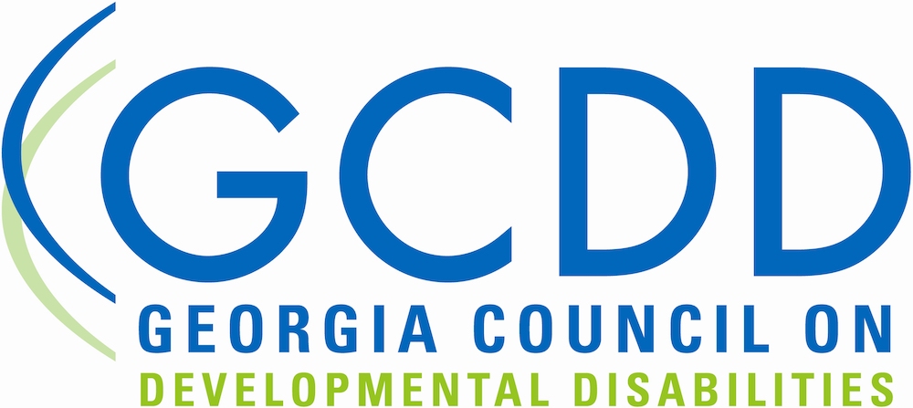 The logo of the Georgia Council on Developmental Disabilities. The acronym in a sans-serif font in green and blue. Two vaguely D-shaped arcs are to the left of the acronym.