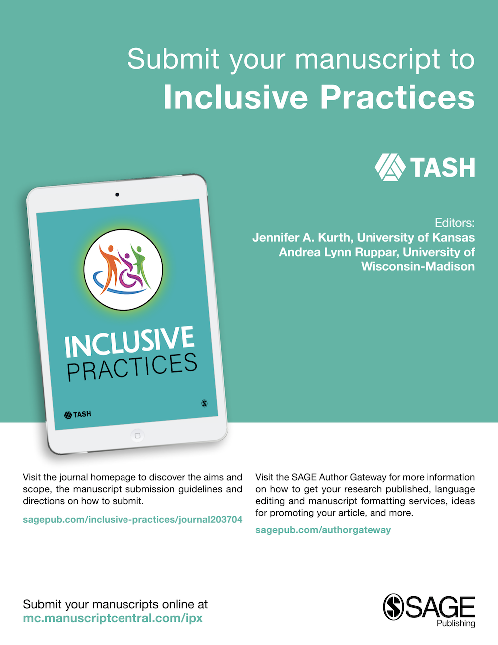 A graphic that reads "Submit your manuscript to Inclusive Practices" and shows a picture of the electronic version of the journal being read on a tablet computer.