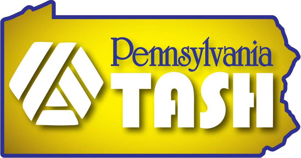 The Pennsylvania TASH logo. The shape of the state in yellow with a blue border and the TASH logo and Möbius strip in white.