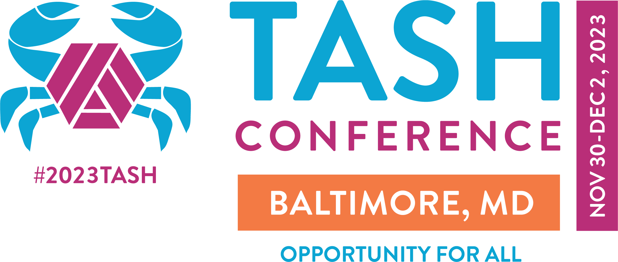 The 2023 TASH Conference logo, Baltimore, Maryland, November 30 - December 2, 2023. There is a graphic of a Chesapeake blue crab with TASH Möbius strip icon for its shell.
