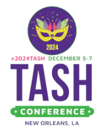 The logo for the 2024 TASH Conference in New Orleans, Louisiana. A yellow Mardi Gras mask with a feather fringe and a purple TASH Möbius strip icon as a jewel at the center and confetti bursting around it.