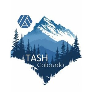 The Colorado TASH Chapter logo: the TASH Möbius strip icon in blue over blue scene of trees and mountains.